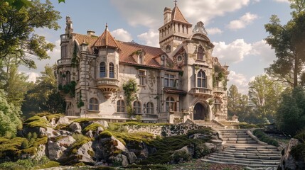 Obraz premium A large castle-like building surrounded by trees and rocks, suitable for use as an architectural or fantasy image