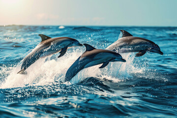 Dolphins jump and play in the ocean, creating splashes and waves