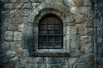 A stone building with a window and bars, suitable for use in architectural or crime scene images
