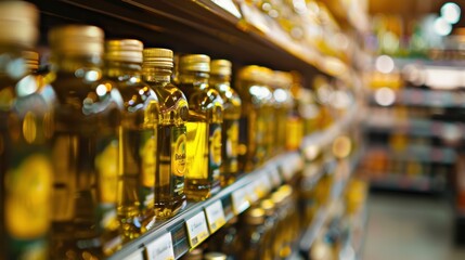 Naklejka premium Rows of olive oil bottles on supermarket shelf