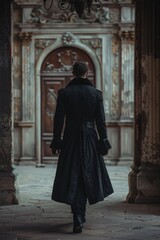 Naklejka premium A person walking through an archway, could be used for travel or architecture images