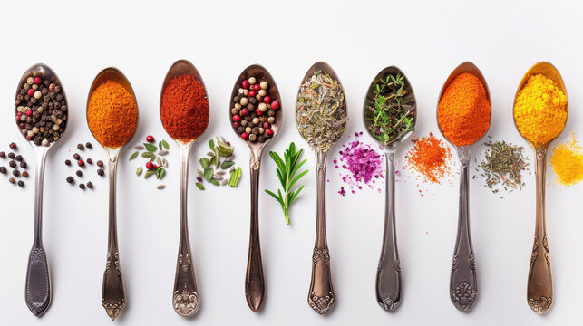 Colourful various herbs and spices for cooking on spoons , on white background , aesthetic