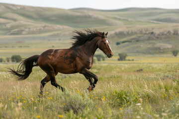 Fototapeta premium A horse gallops across a meadow, mane and tail streaming in the wind