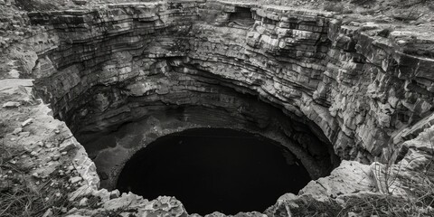 A black and white photograph of a deep hole with steep sides