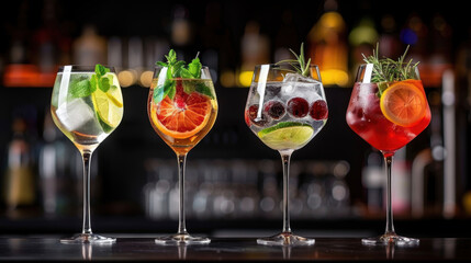 colorful gin tonic cocktails in wine glasses on bar counter in pup or restaurant. Aesthetic 