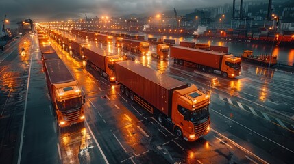Orange Semi-Trucks on a Wet Road in the City