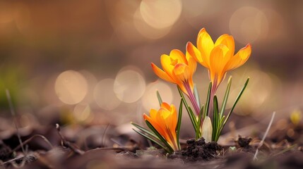 Fresh orange spring crocus blossoms up close Saffron flowers from the iris family Spring plant awakening with copy space and soft focus Blurry brown backdrop