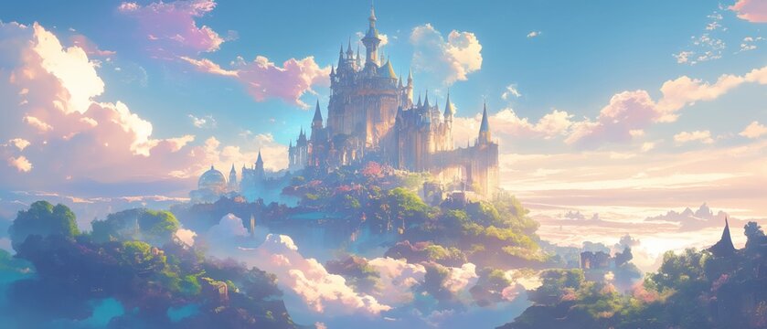 A castle is shown in the sky with clouds and trees. Anime background