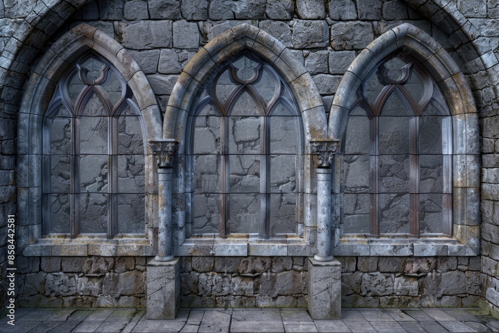 Poster image of three arched windows in a stone wall, often used as architectural or historical reference