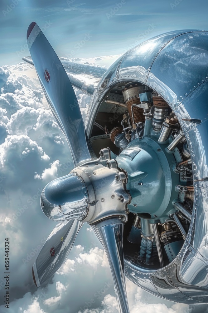 Leinwandbilder High-angle view of an aircraft's propeller with its blades in motion, ideal for use in aviation-related contexts such as flight manuals or promotional materials
