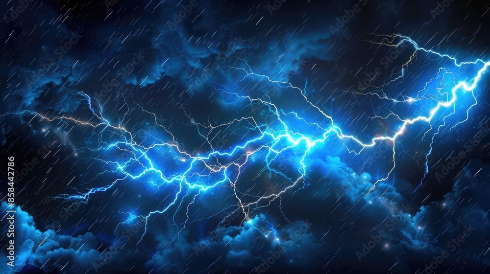 Poster a powerful lightning bolt striking through a cloudy sky, with cumulus clouds and blue sky in the bac