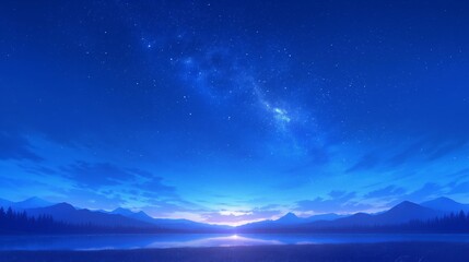 A beautiful blue sky with a large starry sky and mountains in the background. Anime background