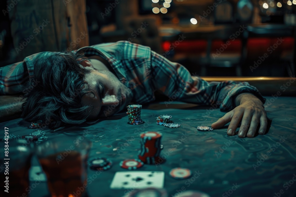 Poster A person lying down on a table surrounded by poker chips, possibly taking a break or reflecting on the game