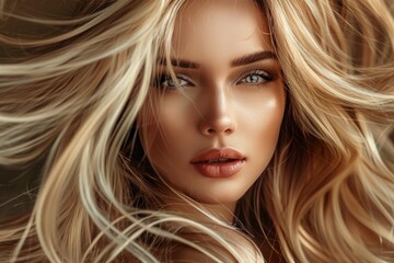 Fototapeta premium Blonde Girl with Fluttering Hair: Fashion Model with Long Hair and Makeup