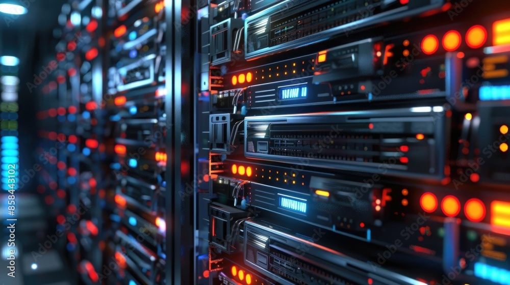 Aufkleber A row of servers in a server room, suitable for use in illustrations about technology and data storage