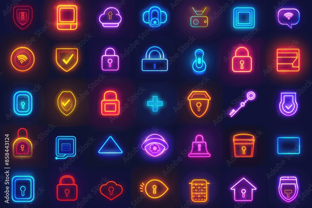 Poster A collection of neon glowing icons against a dark background, perfect for use in presentations or as design elements