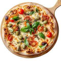 Italian pizza with melted mozzarella cheese green olives tomato garnished vegetables