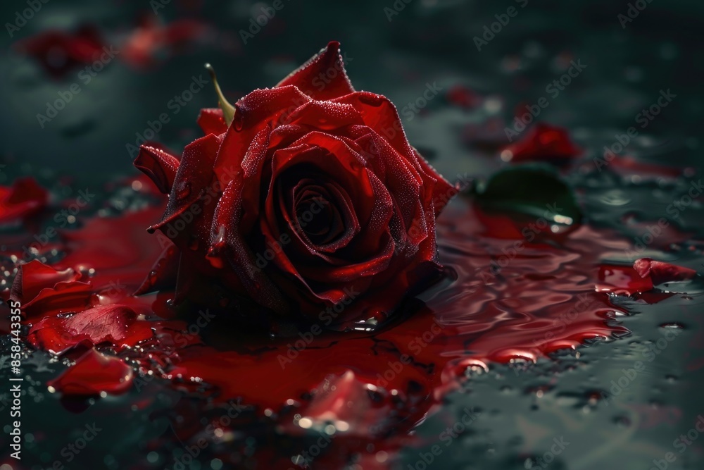 Poster a single red rose sits on the surface of a small puddle of water, with ripples and reflections visib
