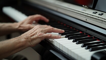 Obraz premium The close-up of elderly hands playing a digital piano, focusing on the intricate details of the fingers on the keys, highlighting the concept of music, aging, and passion.