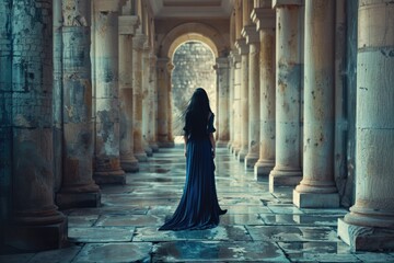 Naklejka premium A woman stands in an archway wearing a long blue dress, suitable for historical or fantasy settings