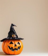 pumpkin in a Halloween hat on a light background.   copy space