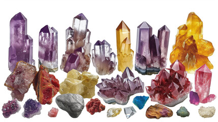 Large collection of colorful crystals and stones isolated on white background