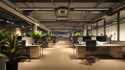 innovative office space with a centralized lighting control system that adjusts brightness based on the time of day and season to optimize worker comfort and productivity