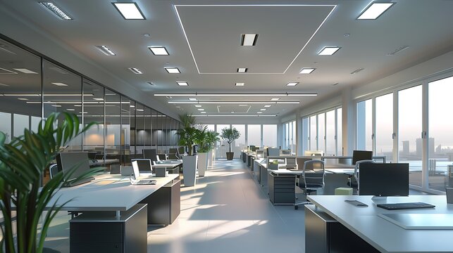 innovative office space with a centralized lighting control system that adjusts brightness based on the time of day and season to optimize worker comfort and productivity