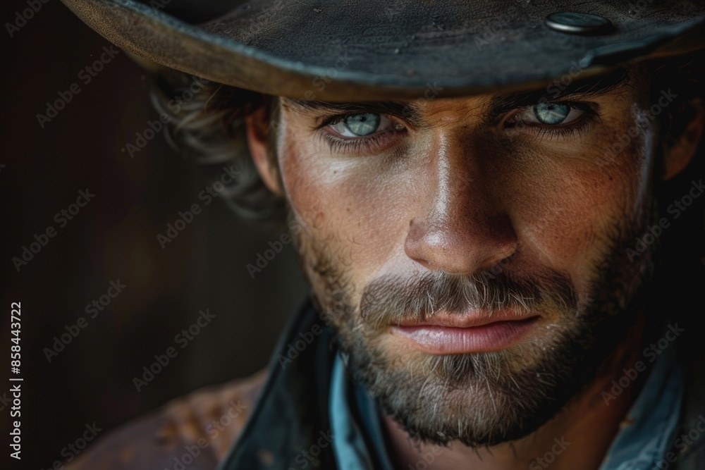 Poster a close-up view of a man's face with a cowboy hat, great for use in western-themed designs and illus