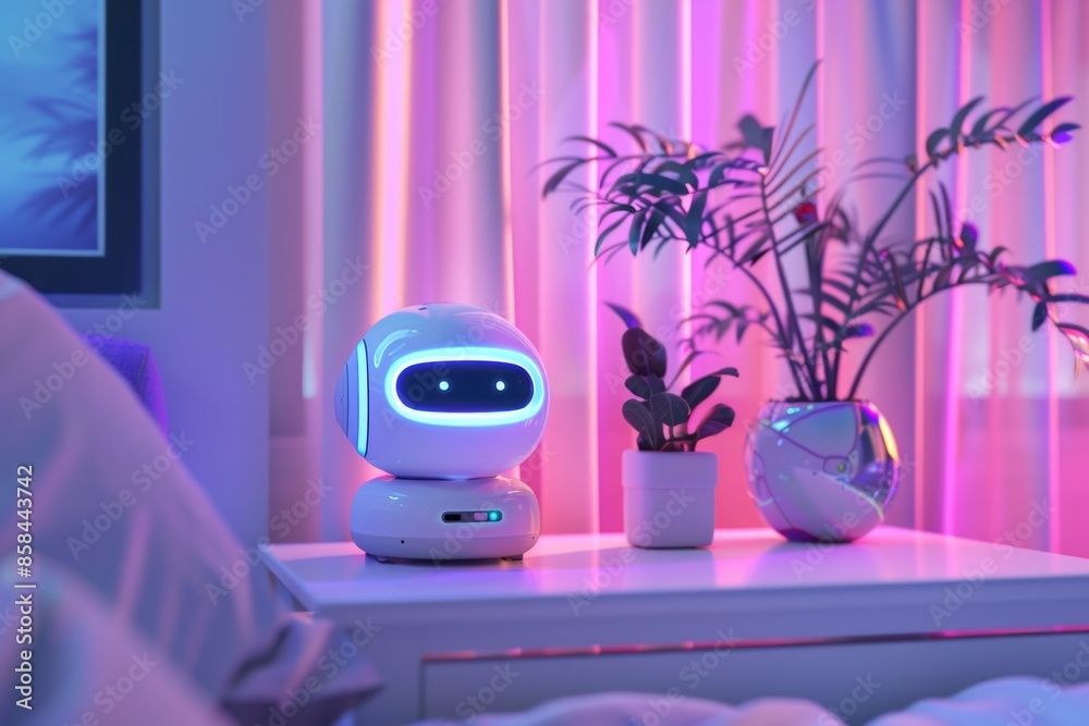 Poster a white robot sits on a table next to a plant, with clean and minimalist surroundings