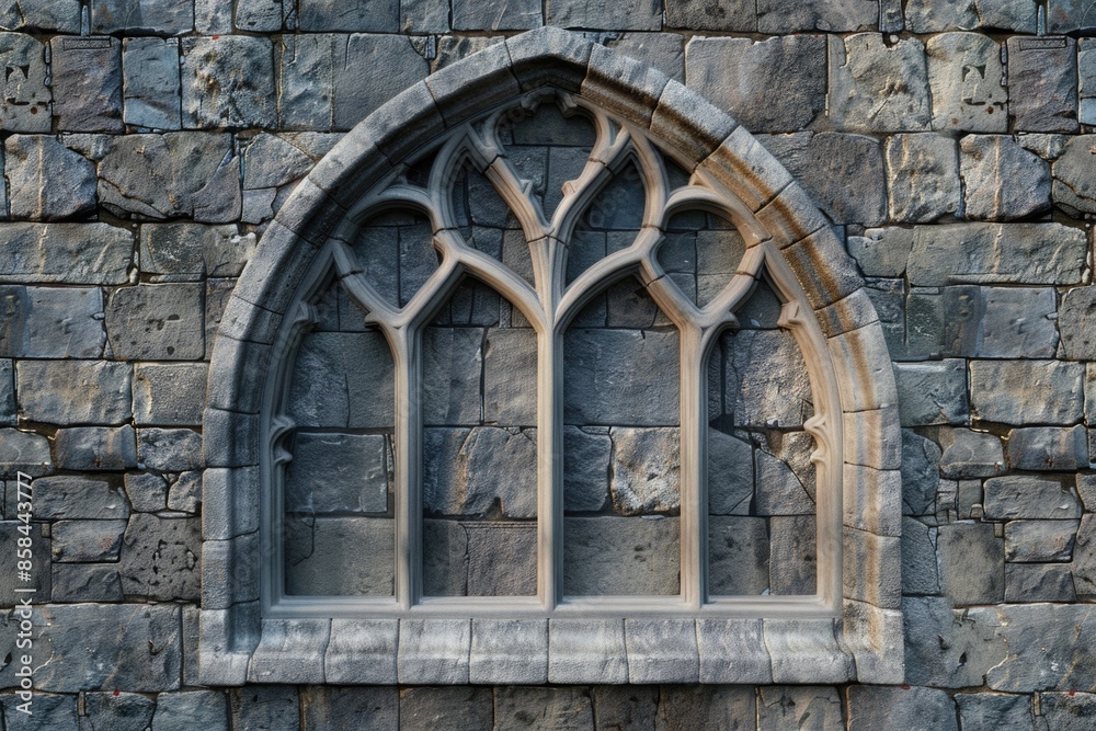 Poster A traditional stone wall with a single window and a clock on the wall, suitable for use in architectural or historical contexts