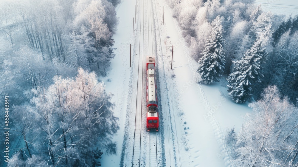 Poster a red train travels through a snowy forest with dense trees and a blanket of white snow