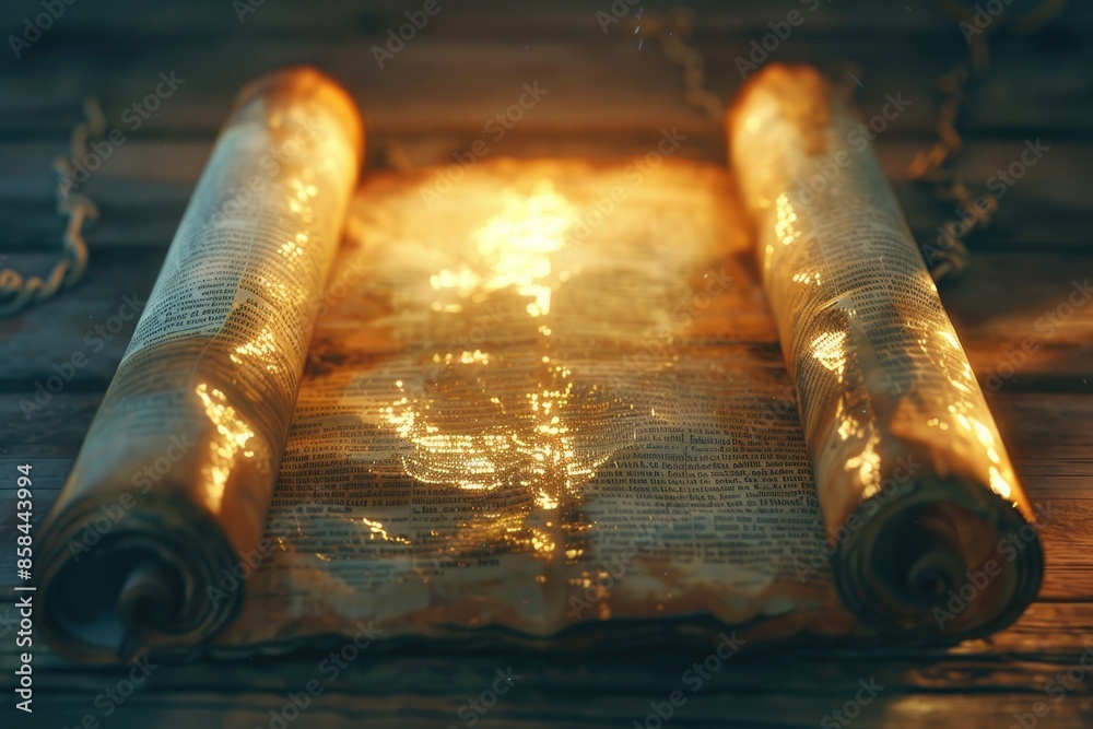 Poster A vintage-style scroll lying on a wooden table, perfect for ancient history or medieval-themed projects