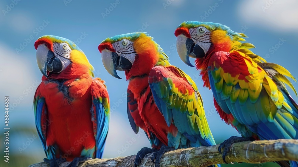Poster three vibrant parrots resting on a tree branch