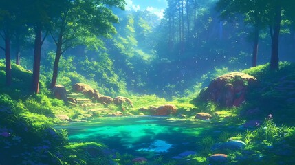 Fototapeta premium A serene forest scene with a small pond in the middle. Anime background