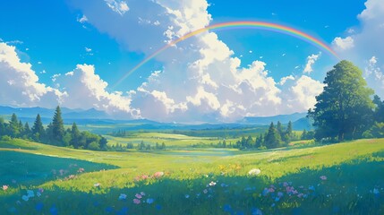 A beautiful landscape with a rainbow in the sky and a tree in the foreground. Anime background