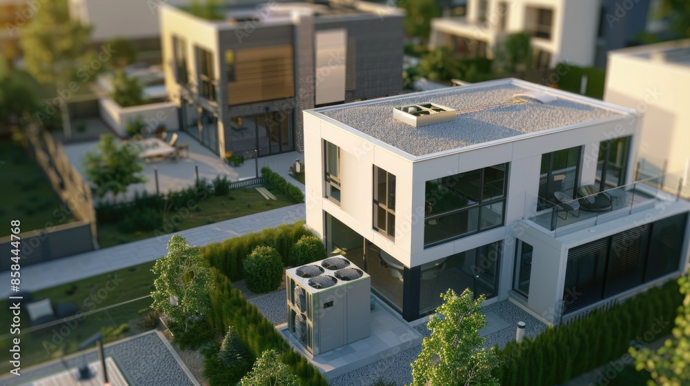 Aufkleber aerial view of a modern house in a residential area, suitable for use in real estate or architecture