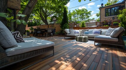 outdoor living space featuring decking made from composite materials that recycle plastic and wood waste