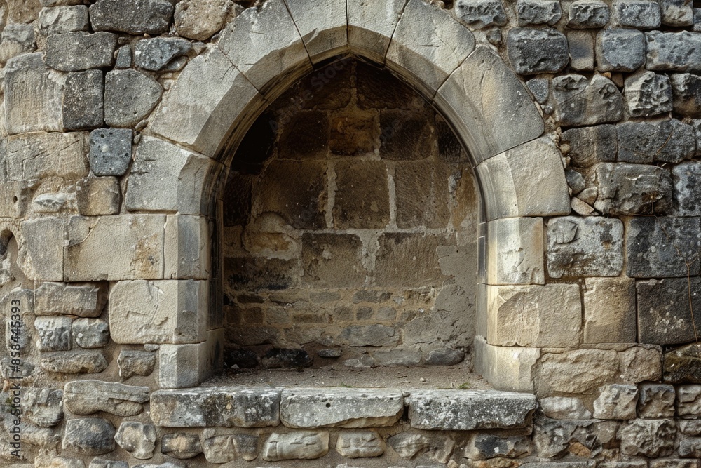 Poster a domestic cat sits on a ledge within a stone arch, a simple yet peaceful scene