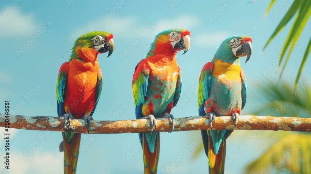 Poster three colorful parrots perched on a tree branch, bright and cheerful