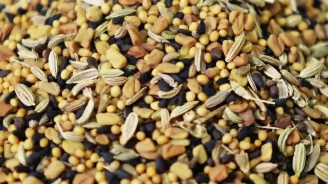 Whole dried five indian spice rotate video. Footage of panch foron. 4k. 
