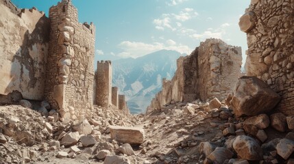 Fototapeta premium Abandoned medieval fortress amidst sandy dunes, perfect for historical or adventure scenes