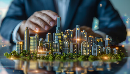 Cityscape intelligent building, businessman holds models for build and make modern green city.