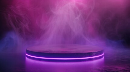 Purple neon display platform with smoke and fog