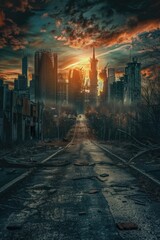 Fototapeta premium A serene view of a city skyline during sunset, with a quiet road in the foreground