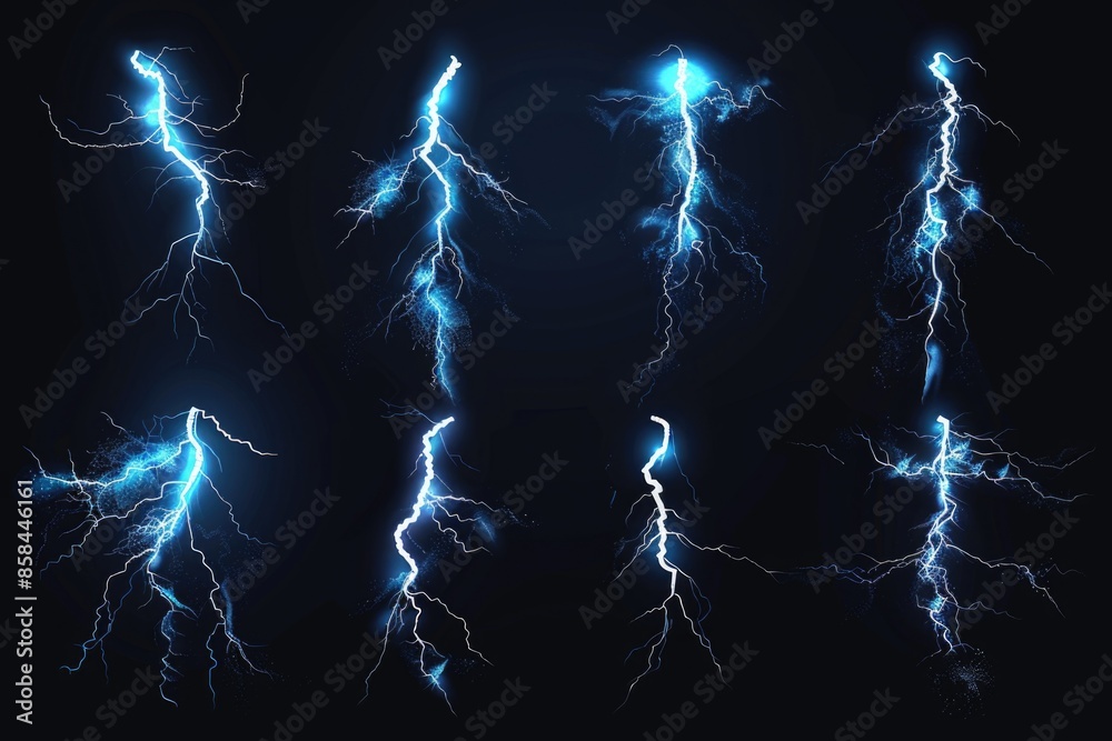 Poster A set of lightning flashes illuminating a dark background, ideal for use in scenes where quick and intense lighting is needed