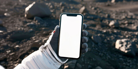 Astronaut holding mobile phone mockup	