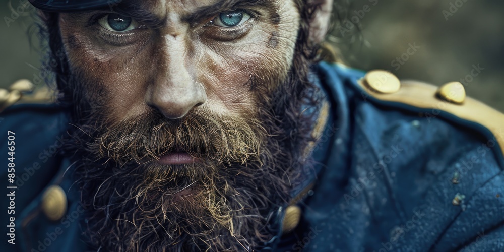 Poster A close-up shot of a man's face with a beard, suitable for use in editorial or commercial contexts