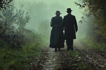 A couple strolling together on a woodland path, surrounded by nature