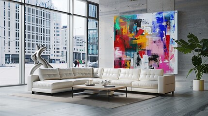 A contemporary living room with a large abstract canvas, a white leather sofa, and a large window...